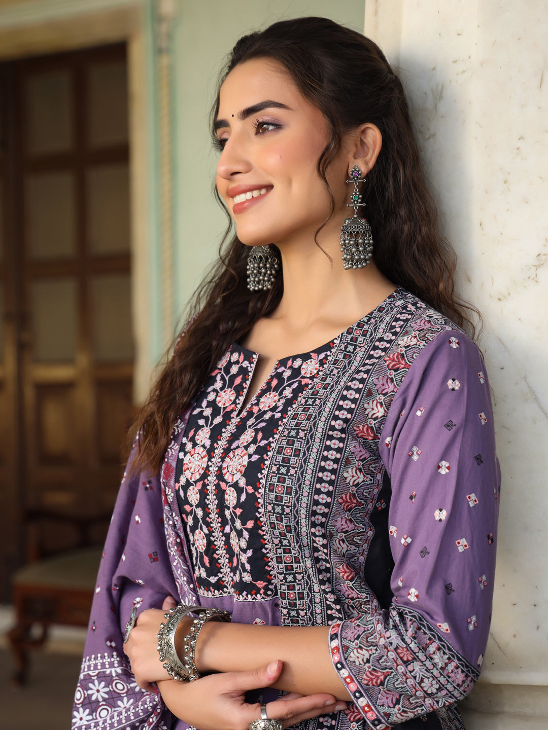 Lavender Cambric Geometric Printed Mix And Match Kurta Palazzo And Dupatta Set