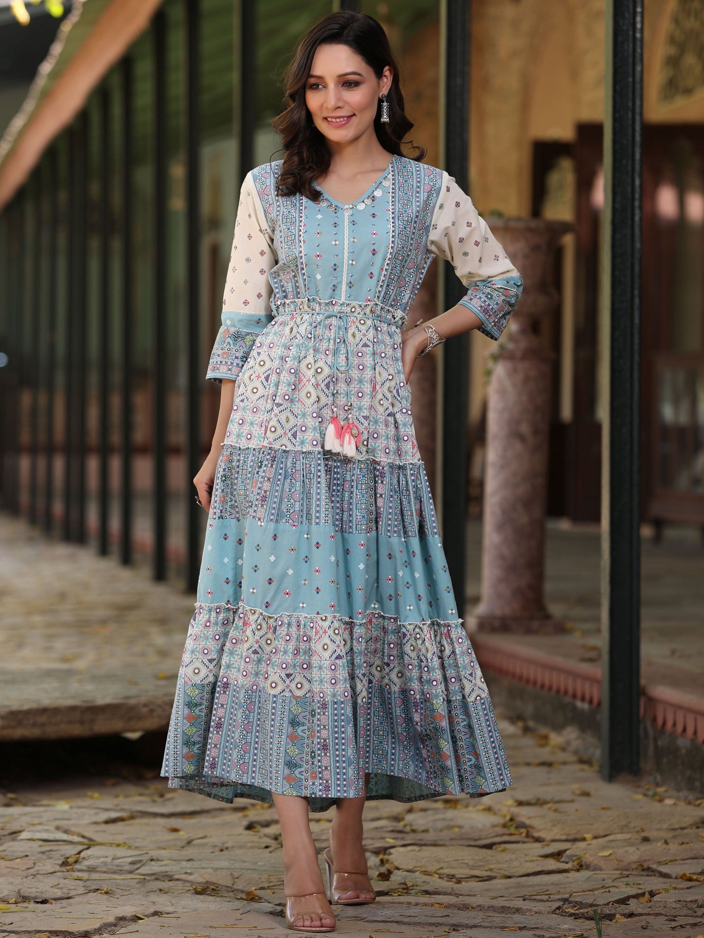 Blue Cotton Cambric Geometric Printed Tiered Maxi Dress