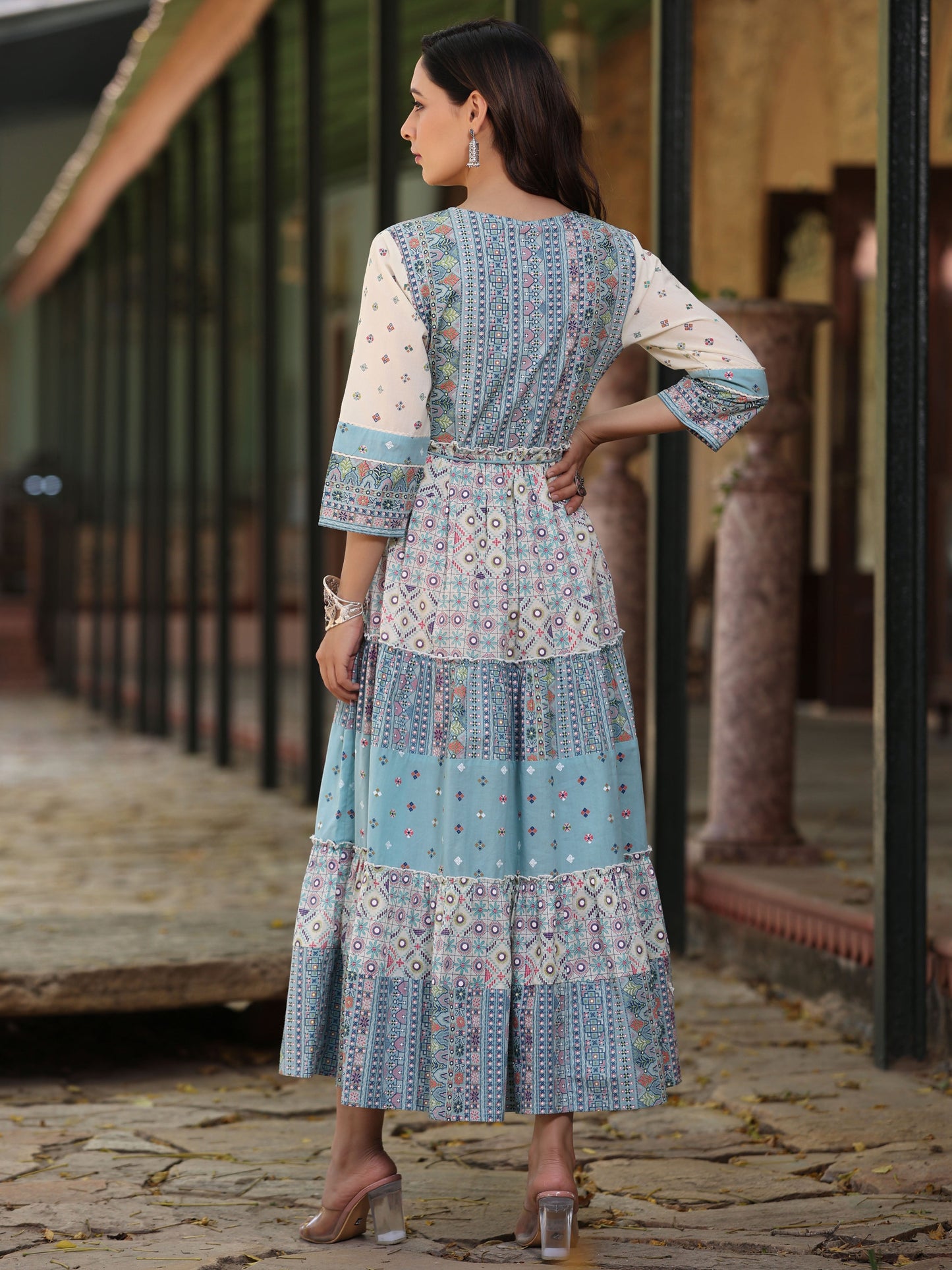 Blue Cotton Cambric Geometric Printed Tiered Maxi Dress