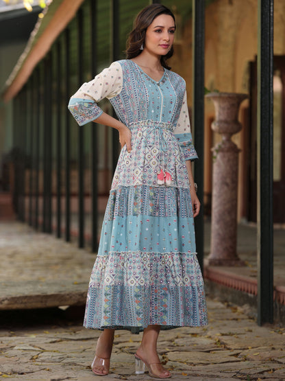 Blue Cotton Cambric Geometric Printed Tiered Maxi Dress