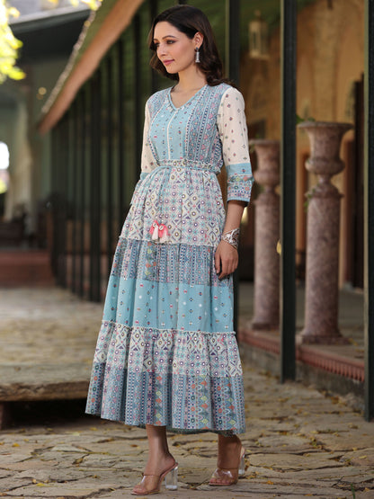 Blue Cotton Cambric Geometric Printed Tiered Maxi Dress