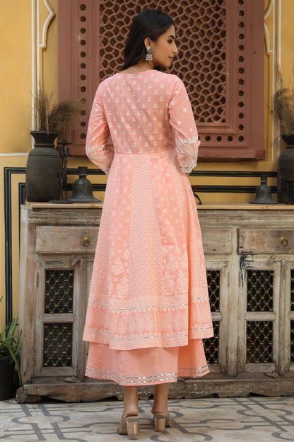 Peach Cambric Printed Flared Dress