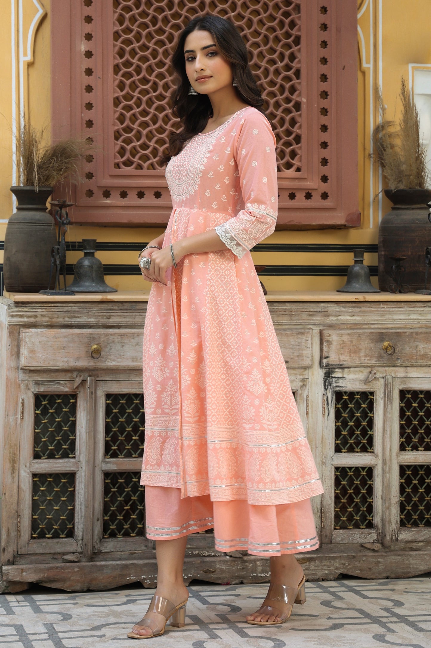 Peach Cambric Printed Flared Dress