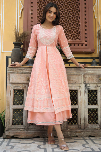 Peach Cambric Printed Flared Dress