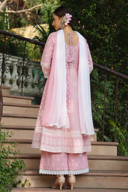 Pink Cambric Nazneen Chiffon Dupatta Printed Flared Kurta Sets