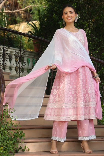 Pink Cambric Nazneen Chiffon Dupatta Printed Flared Kurta Sets