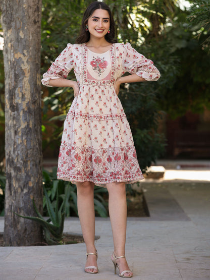 Ecru  Printed Tiered Dress