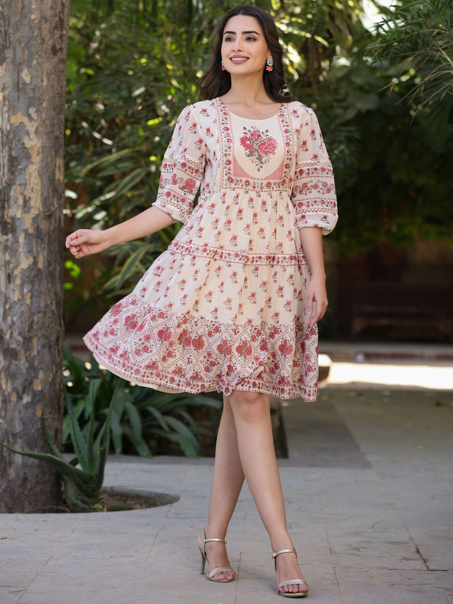 Ecru  Printed Tiered Dress