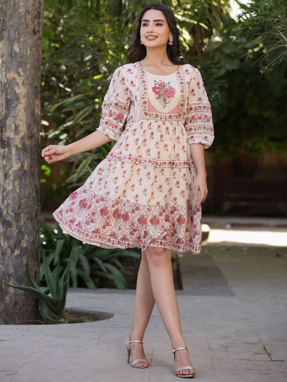 Ecru  Printed Tiered Dress