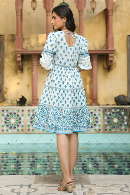 Blue Cambric Printed Tiered Dress
