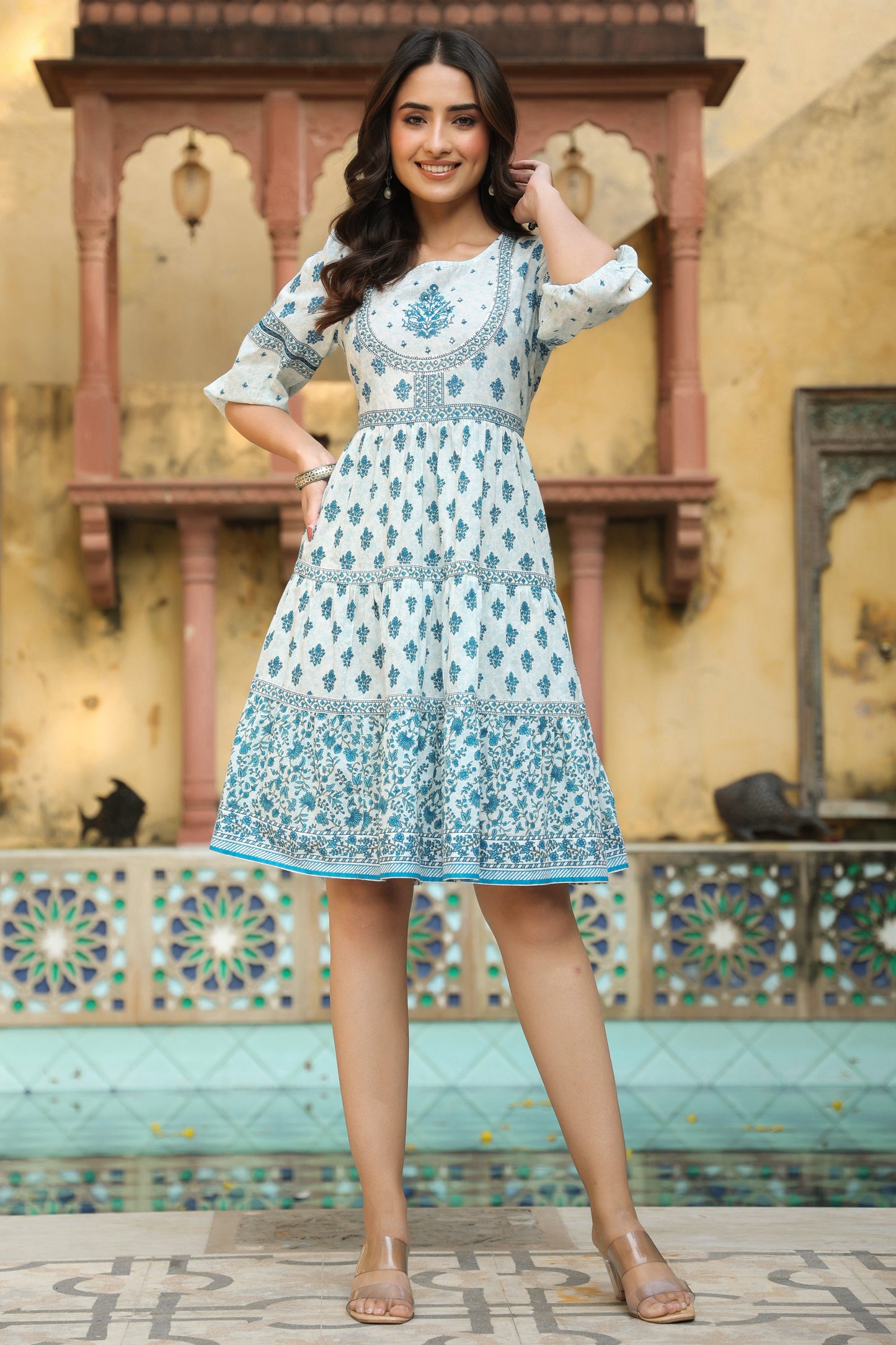 Blue Cambric Printed Tiered Dress