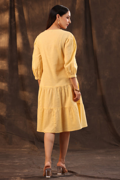 Yellow Cotton Slub Solid Embroidered Tiered Dress