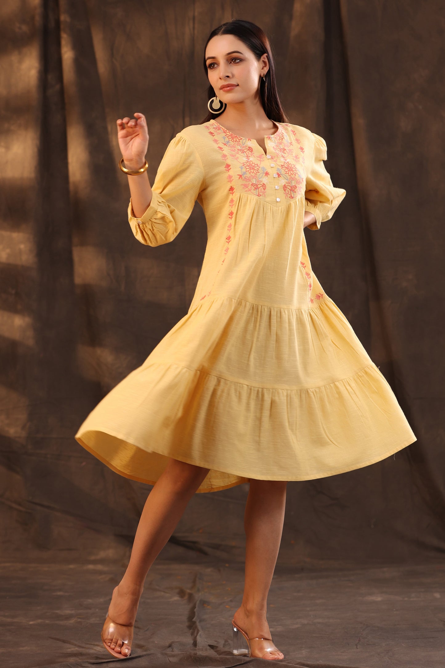 Yellow Cotton Slub Solid Embroidered Tiered Dress