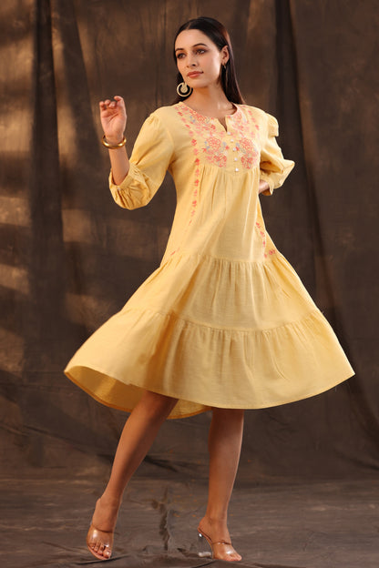 Yellow Cotton Slub Solid Embroidered Tiered Dress