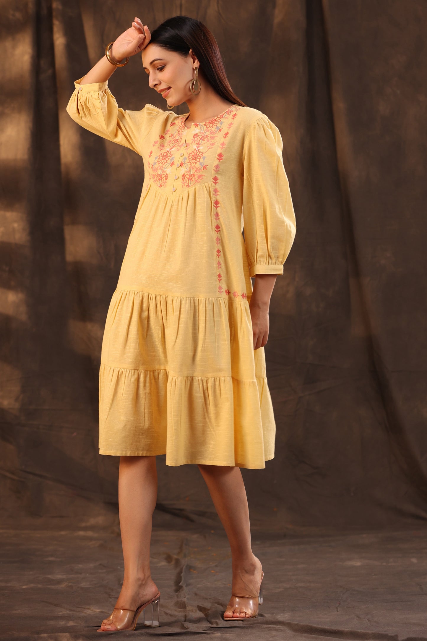 Yellow Cotton Slub Solid Embroidered Tiered Dress