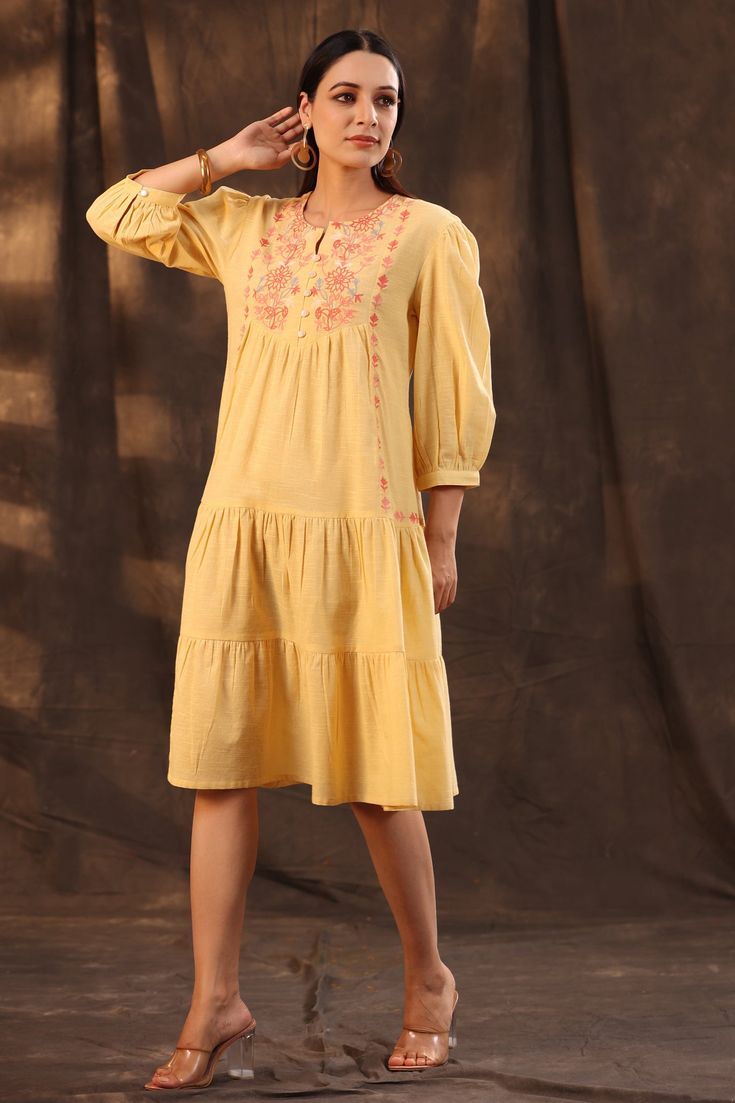 Yellow Cotton Slub Solid Embroidered Tiered Dress