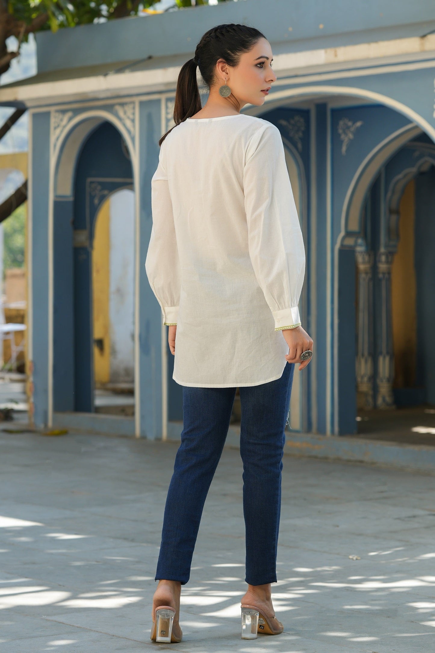 Off-White Cambric Solid Embroidery Tunic