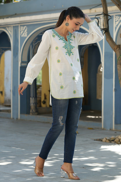 Off-White Cambric Solid Embroidery Tunic