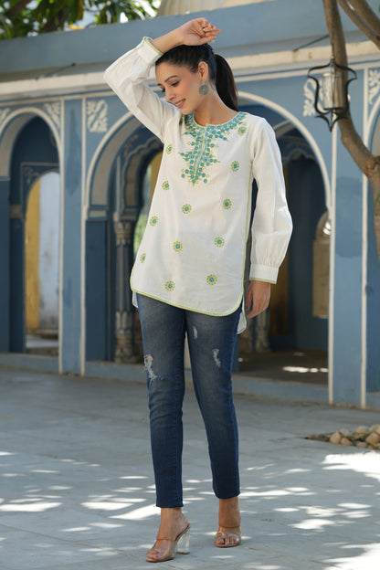 Off-White Cambric Solid Embroidery Tunic
