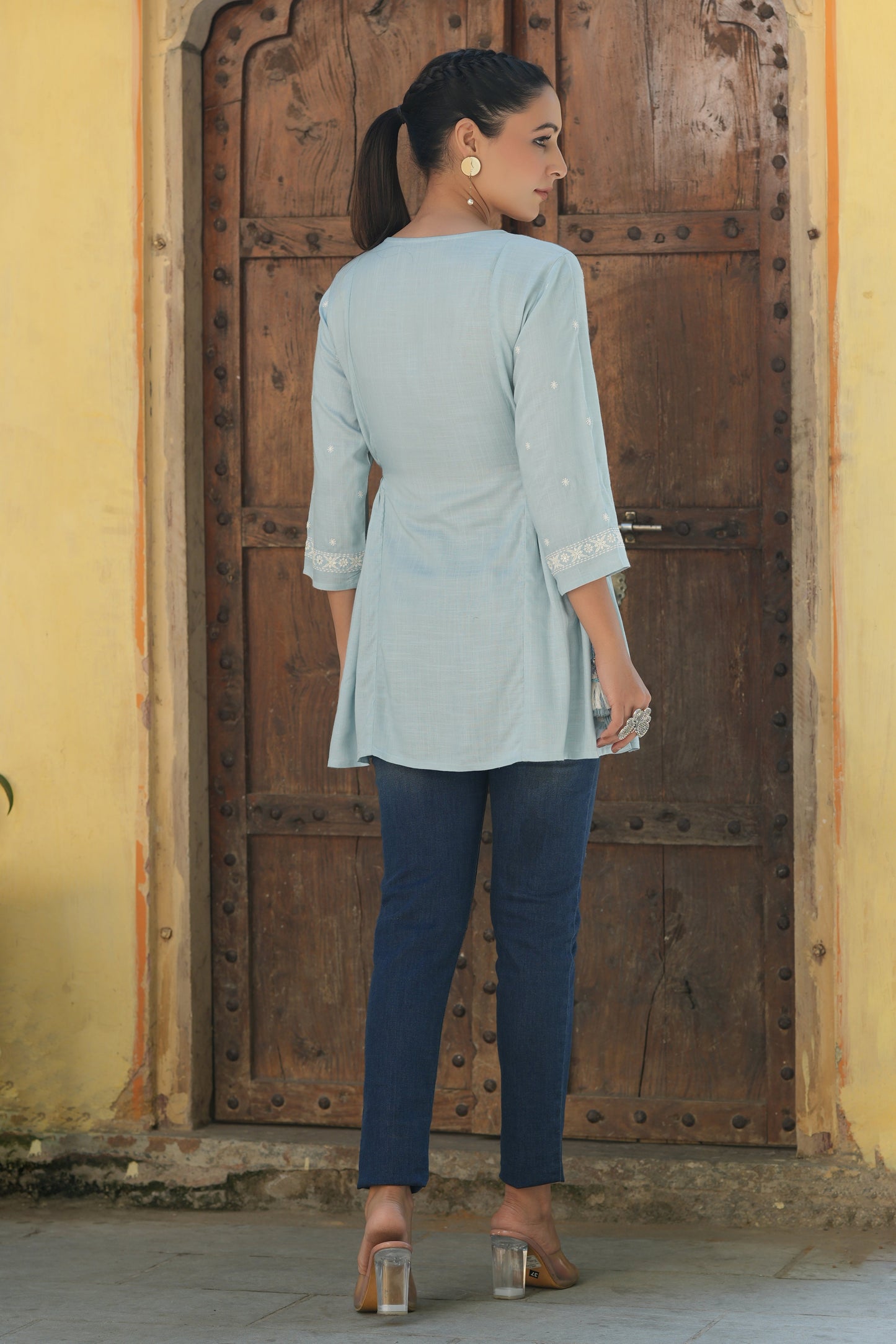 Blue Rayon Slub Solid Embroidered Straight Tunic