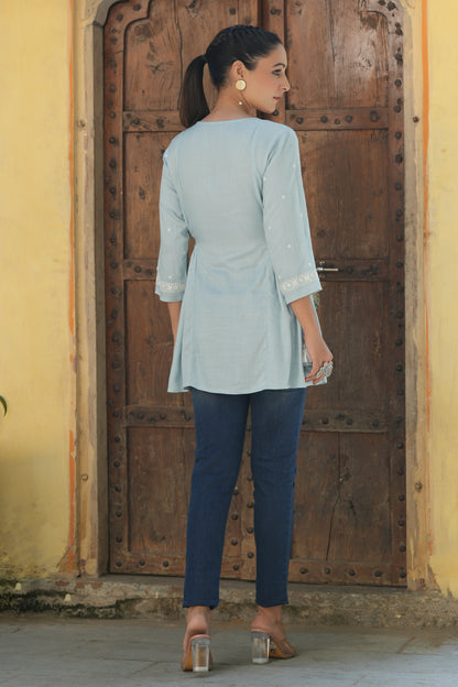 Blue Rayon Slub Solid Embroidered Straight Tunic