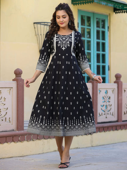 Black Printed Anarkali Flared Dress