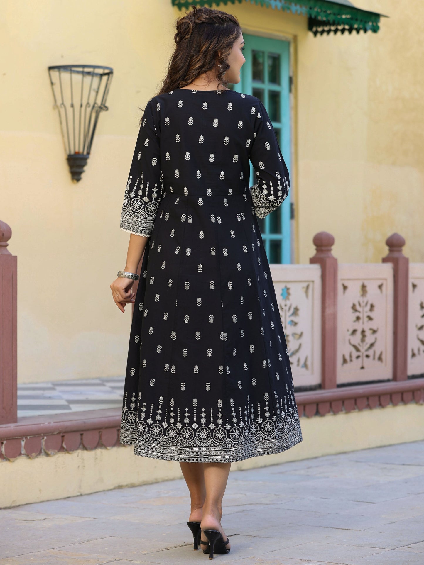 Black Printed Anarkali Flared Dress