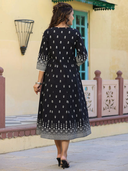 Black Printed Anarkali Flared Dress
