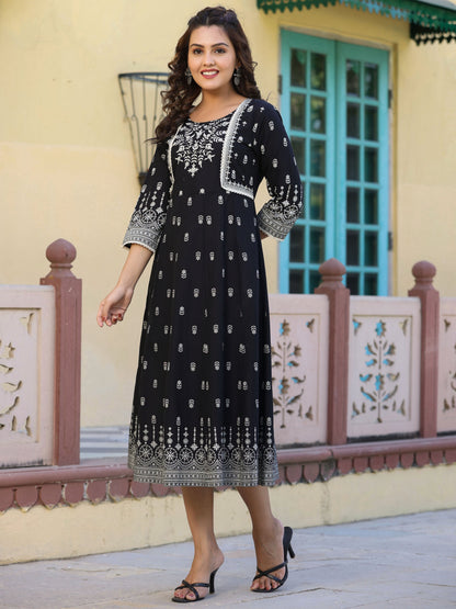 Black Printed Anarkali Flared Dress