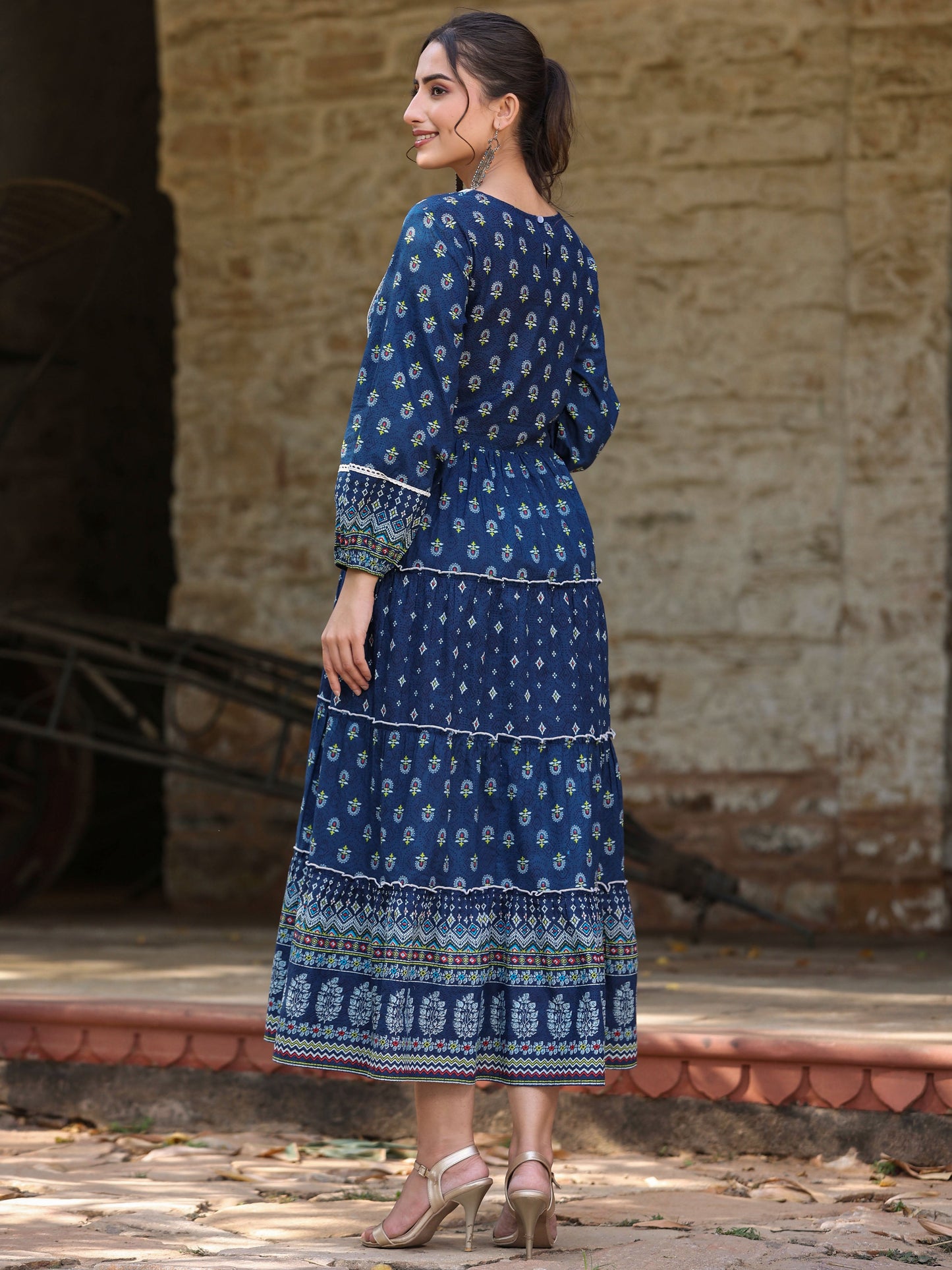 Navy  Printed Tiered Dress