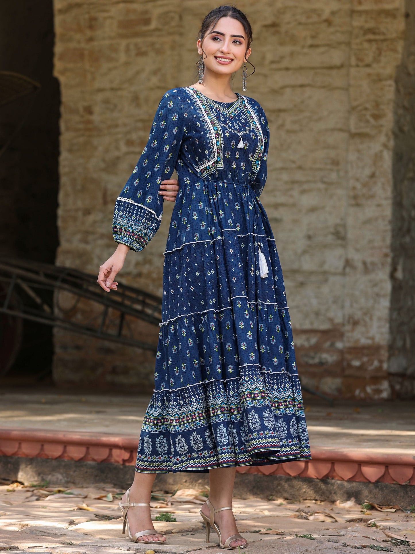 Navy  Printed Tiered Dress