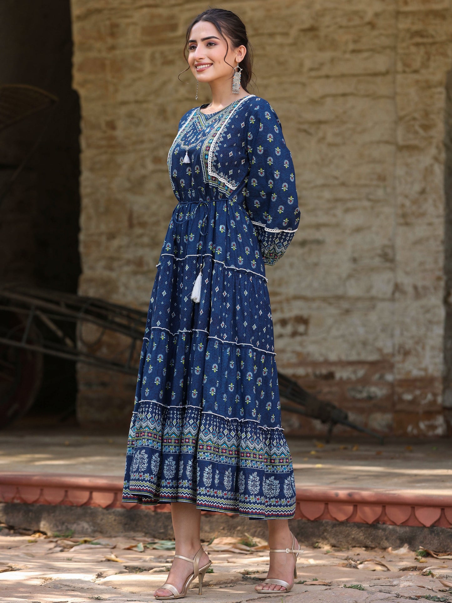 Navy  Printed Tiered Dress