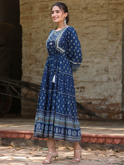 Navy  Printed Tiered Dress