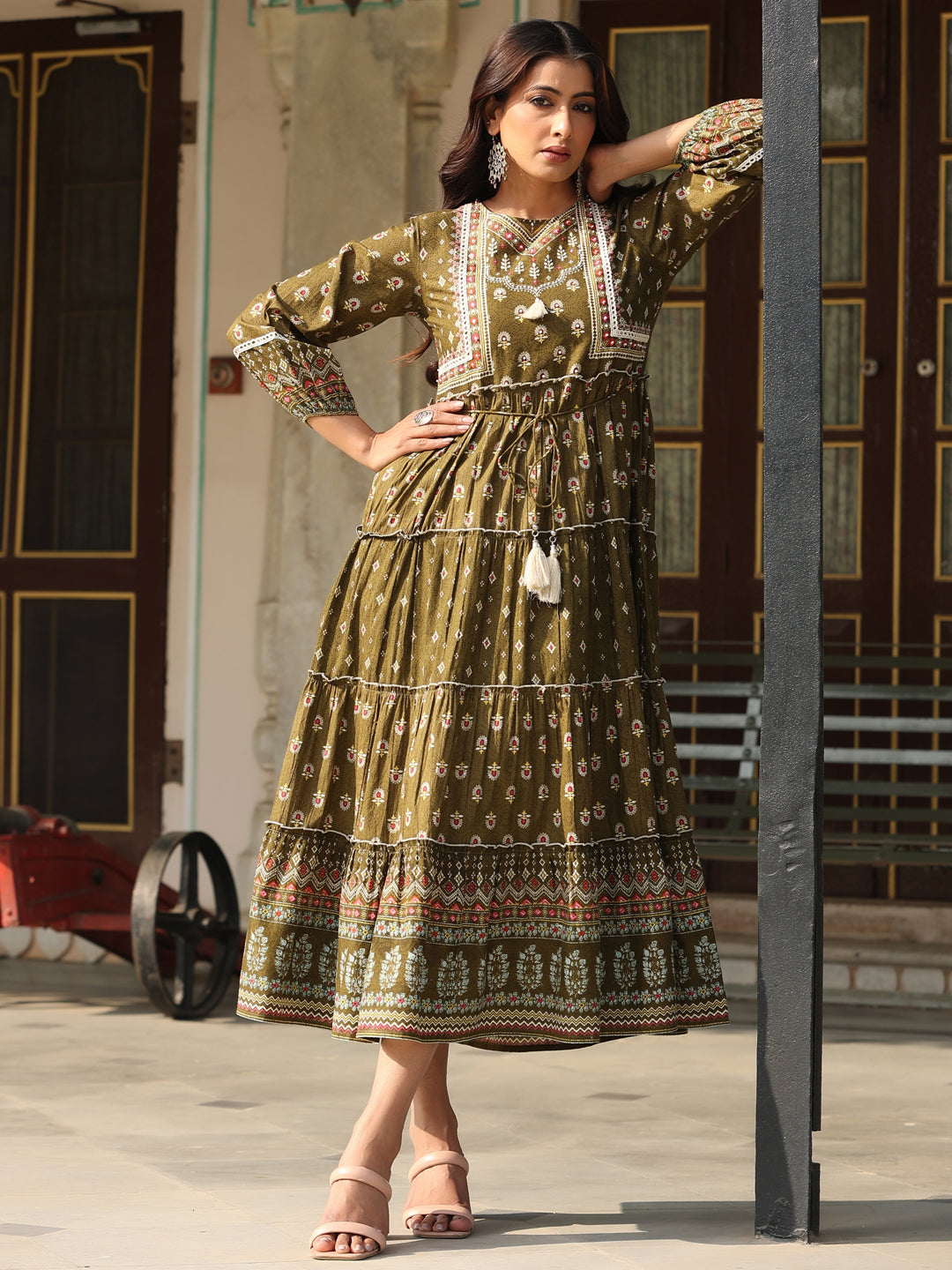 Olive Cotton Cambric Printed Tiered Maxi Dress