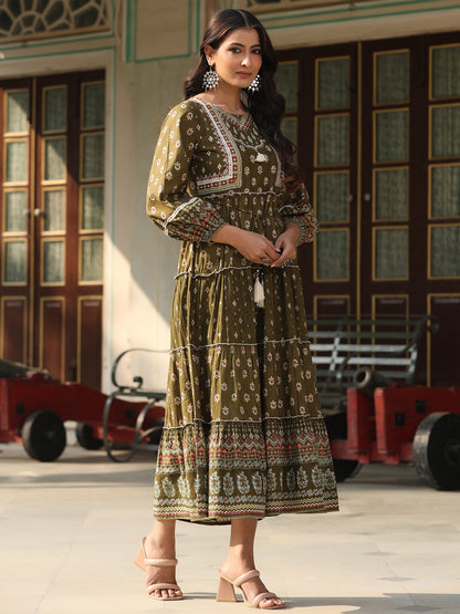 Olive Cotton Cambric Printed Tiered Maxi Dress