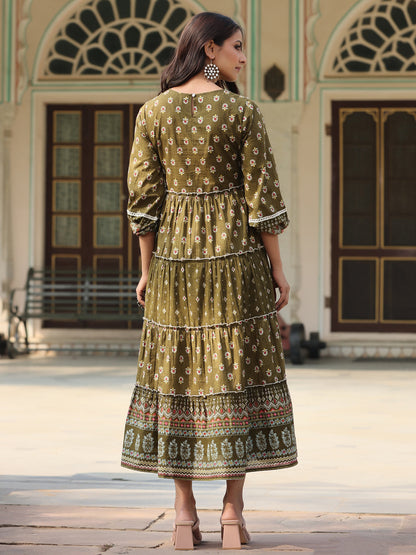 Olive Cotton Cambric Printed Tiered Maxi Dress