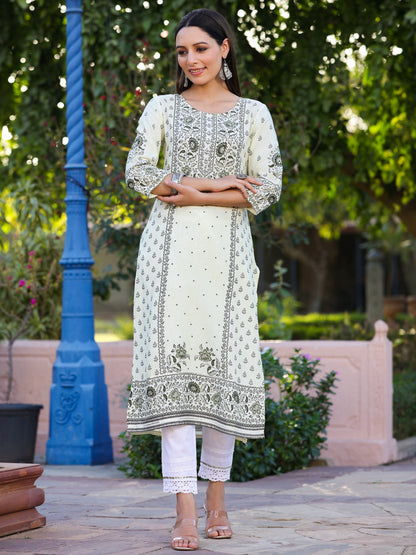 Green Rayon Staple Kalamkari Floral Placement Printed Kurta