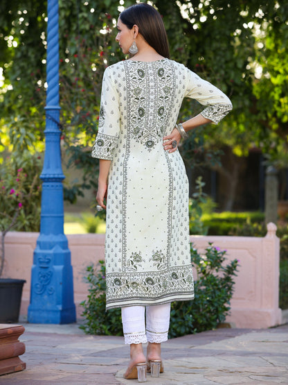 Green Rayon Staple Kalamkari Floral Placement Printed Kurta