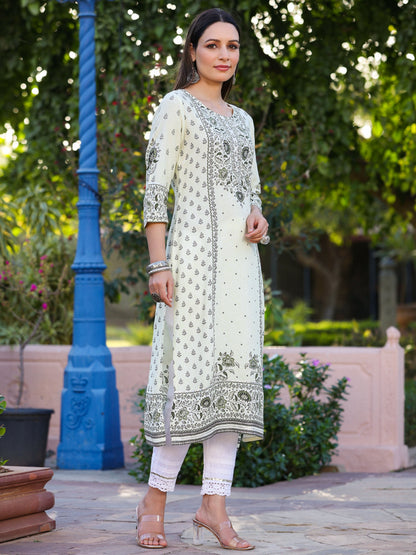 Green Rayon Staple Kalamkari Floral Placement Printed Kurta