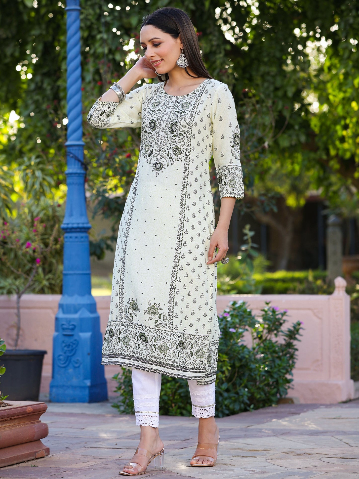 Green Rayon Staple Kalamkari Floral Placement Printed Kurta