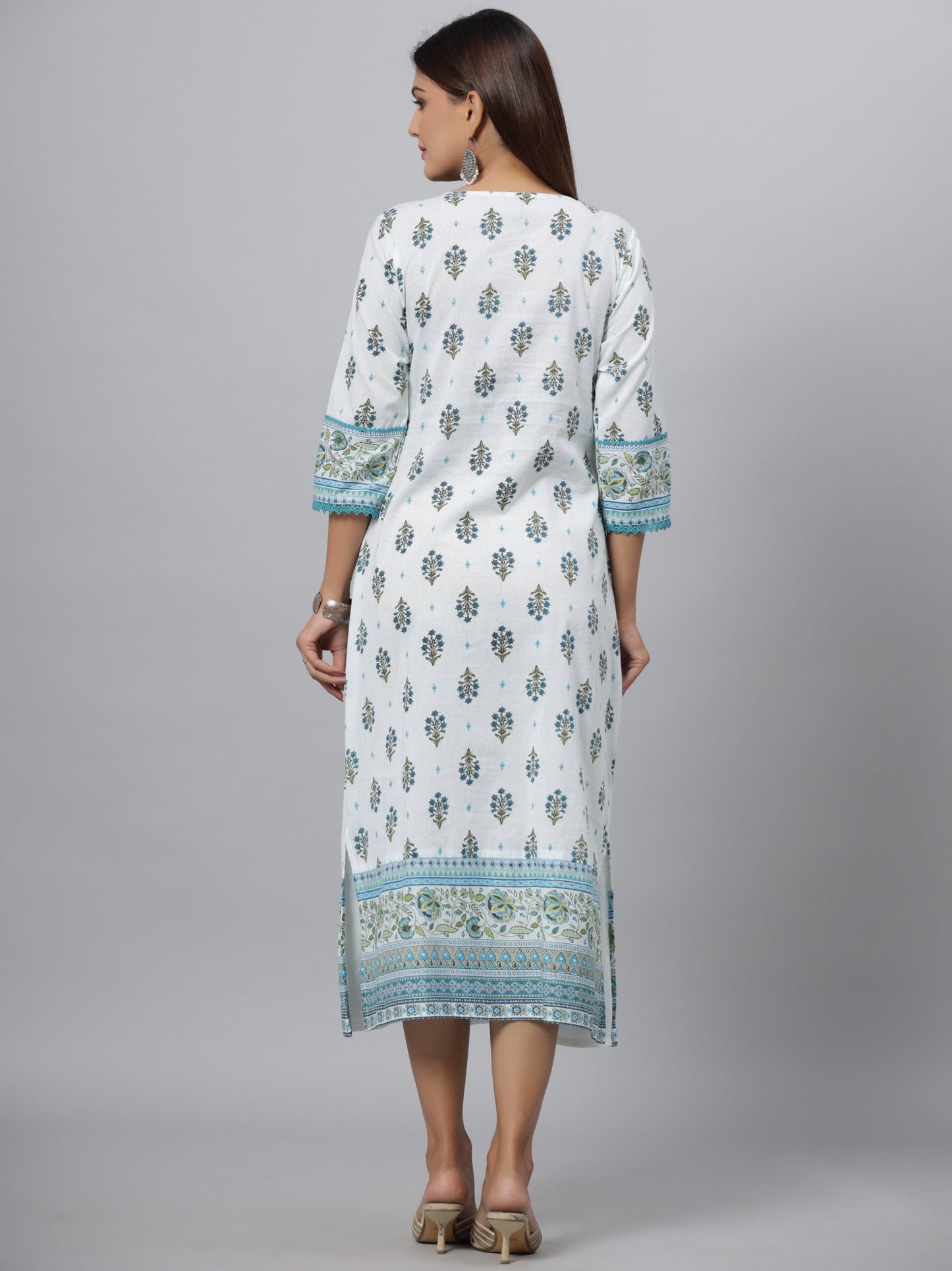 Blue  Printed Embroidered A-Line Kurta