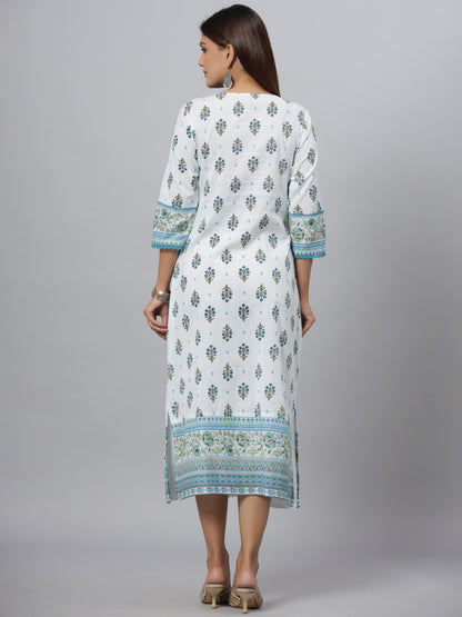 Blue  Printed Embroidered A-Line Kurta