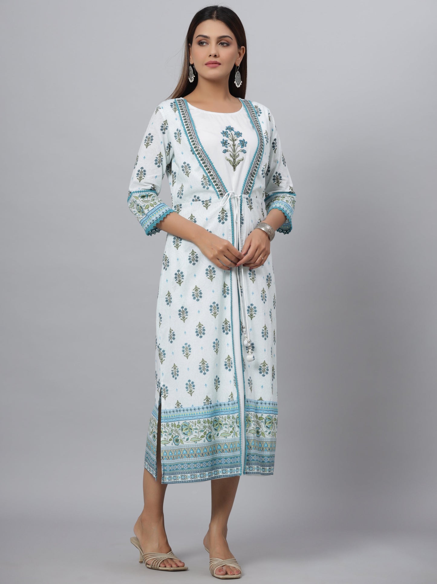 Blue  Printed Embroidered A-Line Kurta