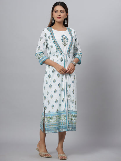 Blue  Printed Embroidered A-Line Kurta