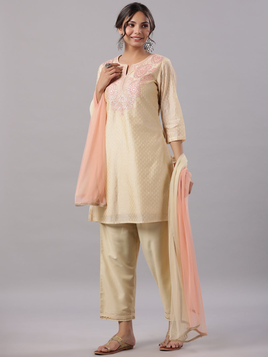 Gold Modal Chanderi Embroidered Kurta, Pants & Dupatta Set