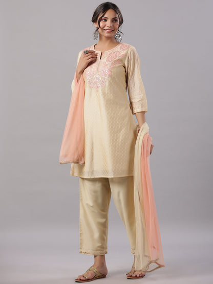 Gold Modal Chanderi Embroidered Kurta, Pants & Dupatta Set