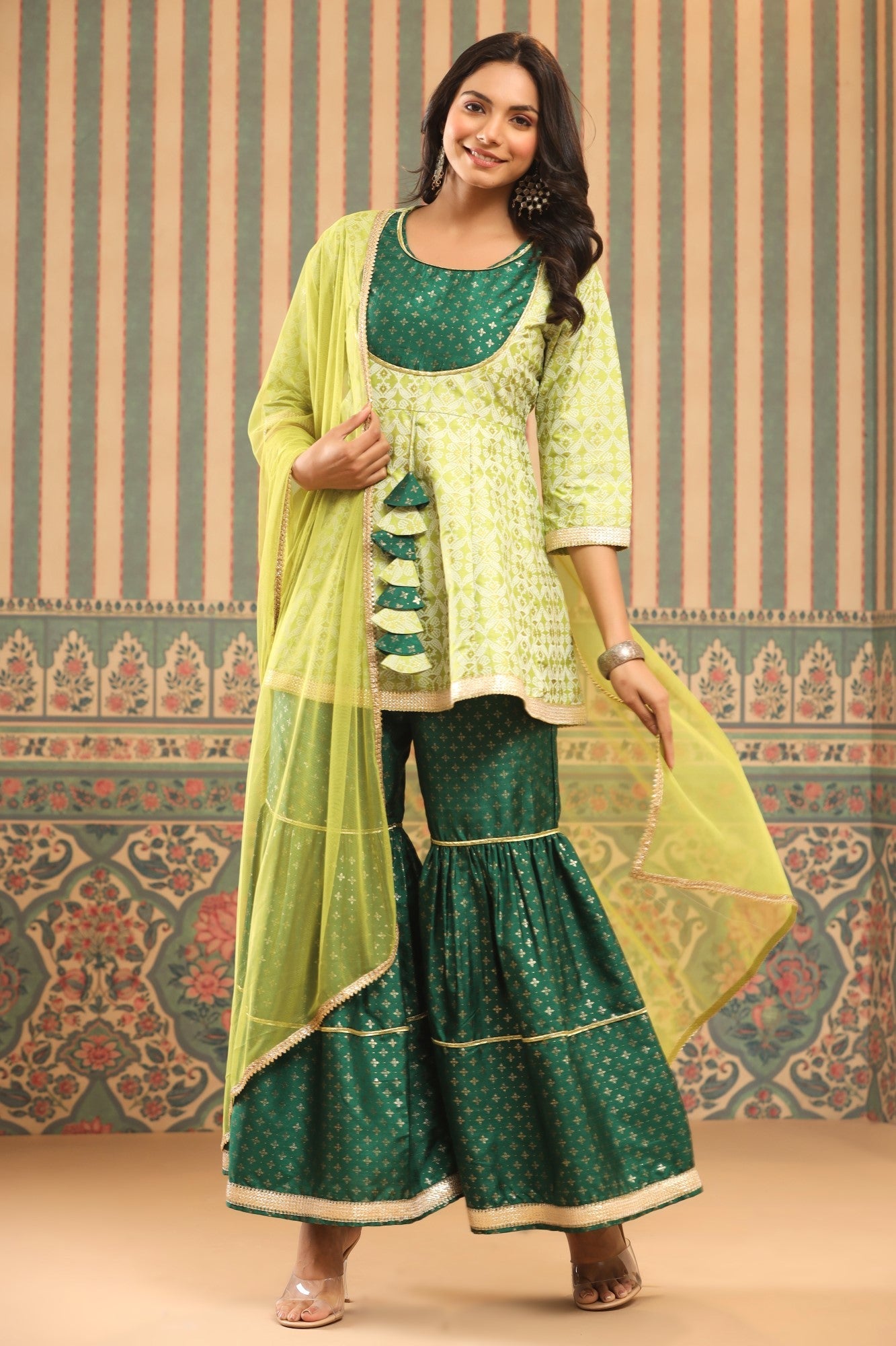 Green Shantoon Slub Foil Printed Kurta, Sharara & Dupatta Set