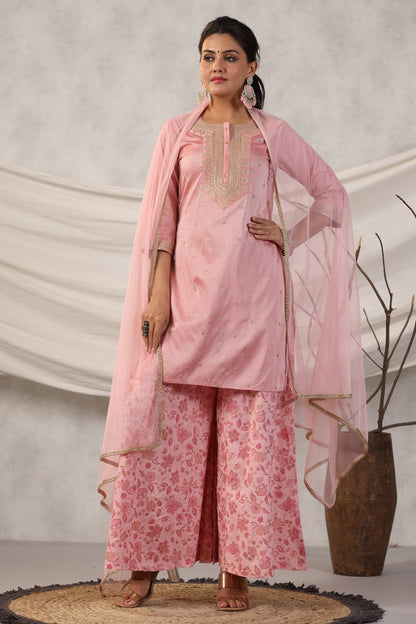 Peach Embroidered Embroidered Kurta, Pant And Dupatta Set