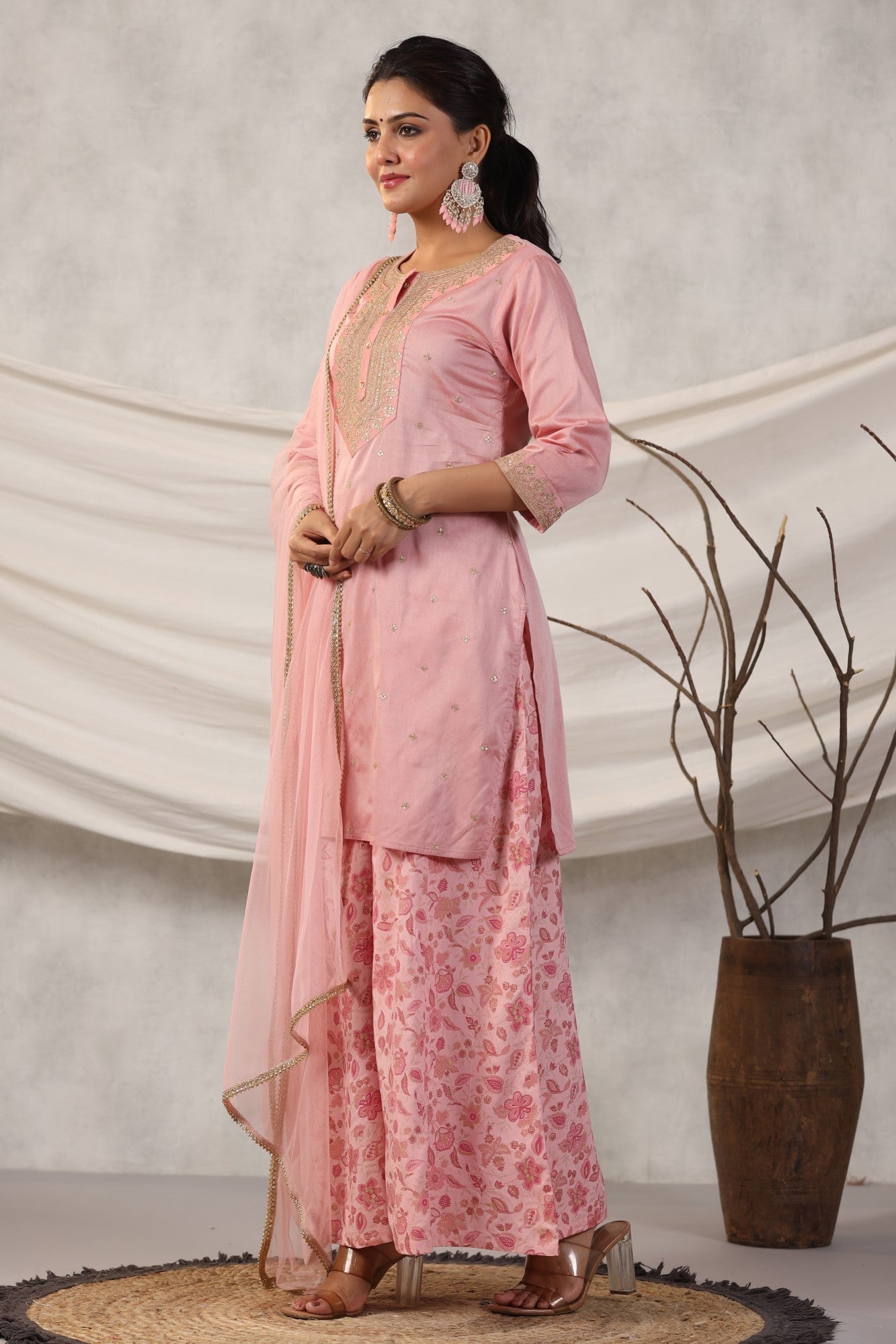 Peach Embroidered Embroidered Kurta, Pant And Dupatta Set