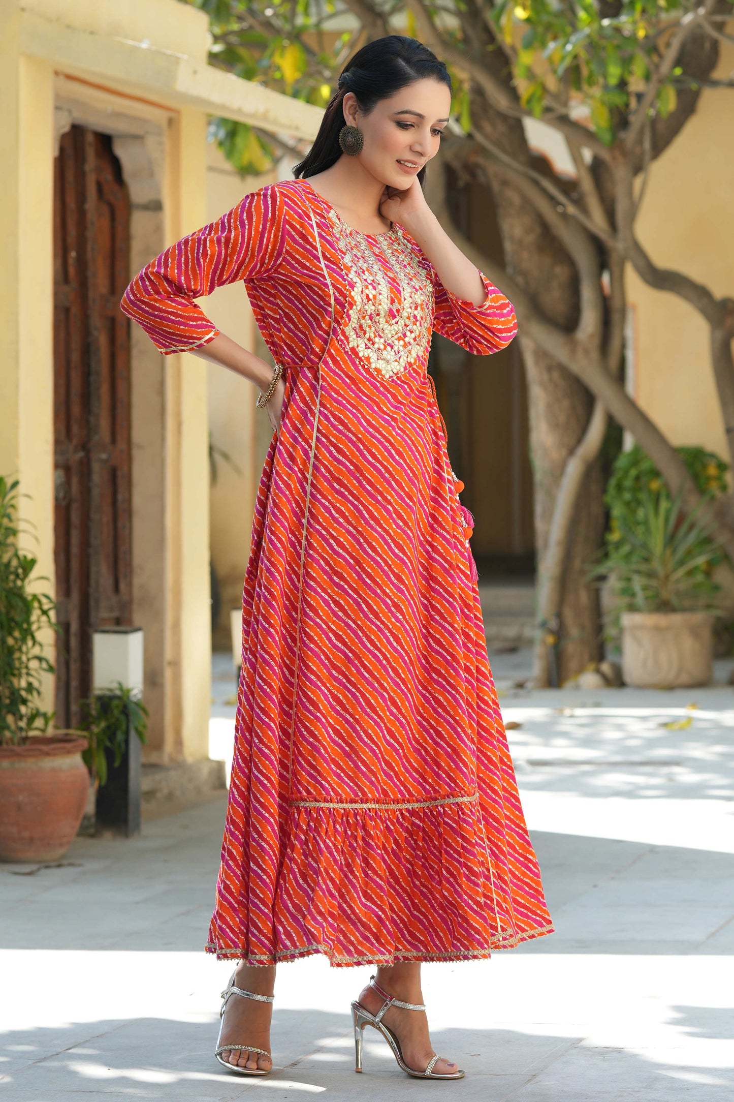 Multi Cambric Printed Embroidered Flared Dress